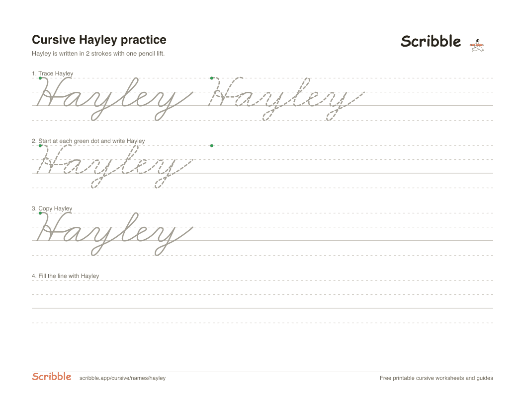 Preview of the printable Hayley in cursive worksheet: trace, copy, and practice rows