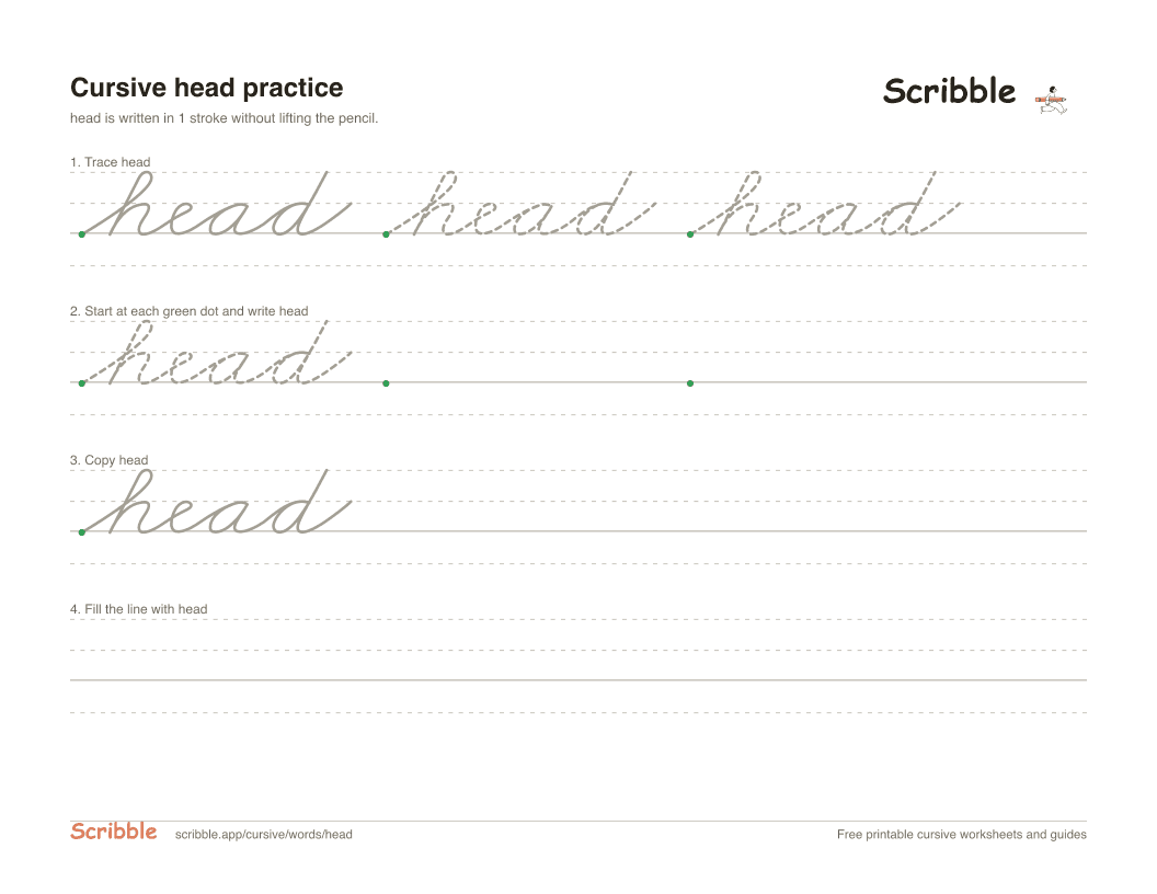 Preview of the printable head in cursive worksheet: trace, copy, and practice rows