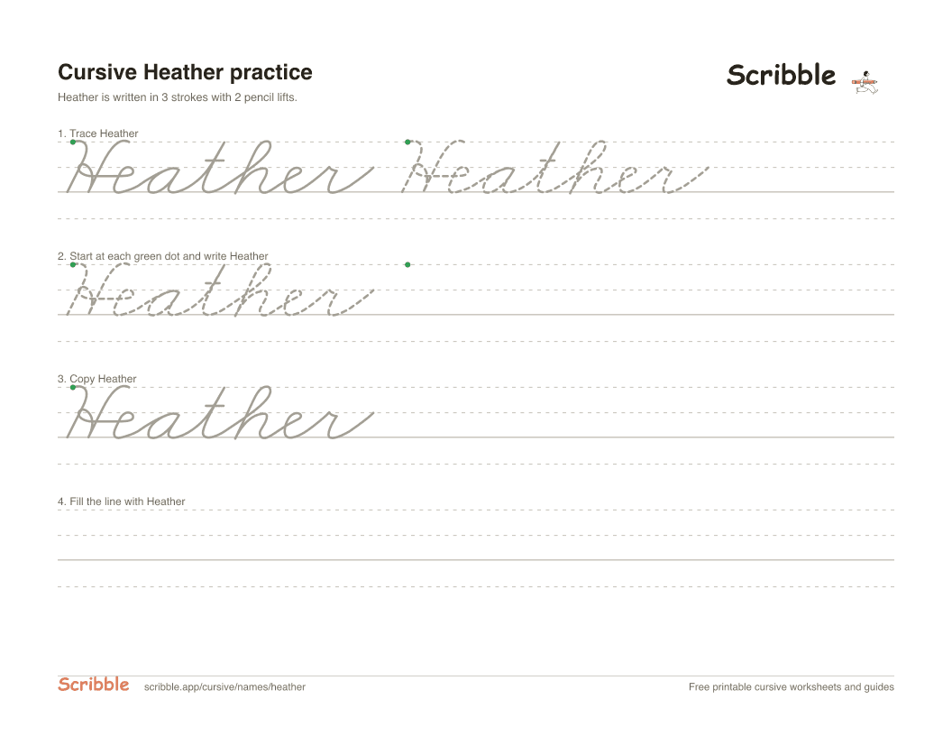 Preview of the printable Heather in cursive worksheet: trace, copy, and practice rows