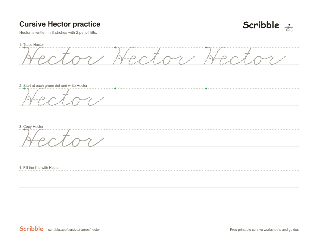 Preview of the printable Hector in cursive worksheet: trace, copy, and practice rows