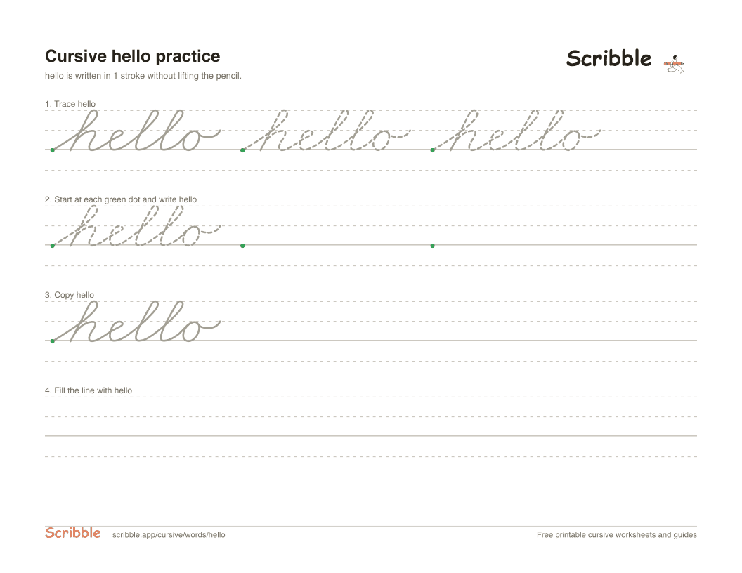 Preview of the printable hello in cursive worksheet: trace, copy, and practice rows