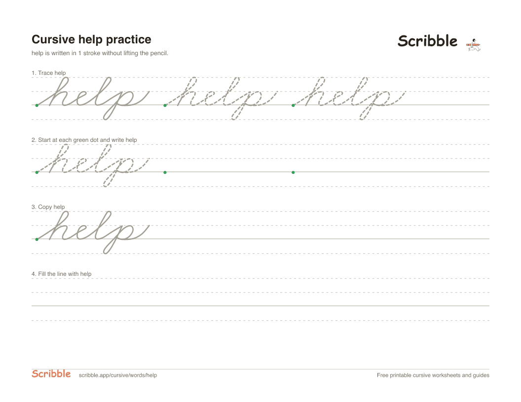 Preview of the printable help in cursive worksheet: trace, copy, and practice rows