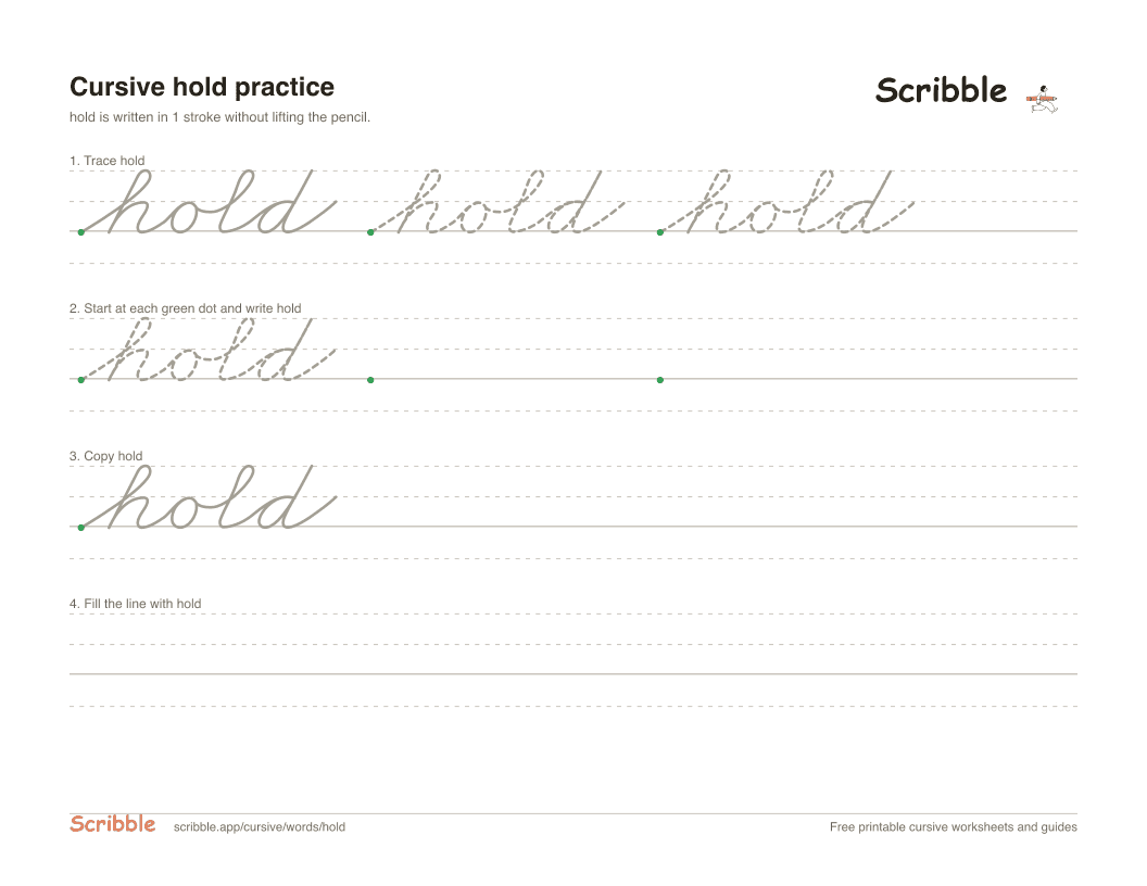 Preview of the printable hold in cursive worksheet: trace, copy, and practice rows