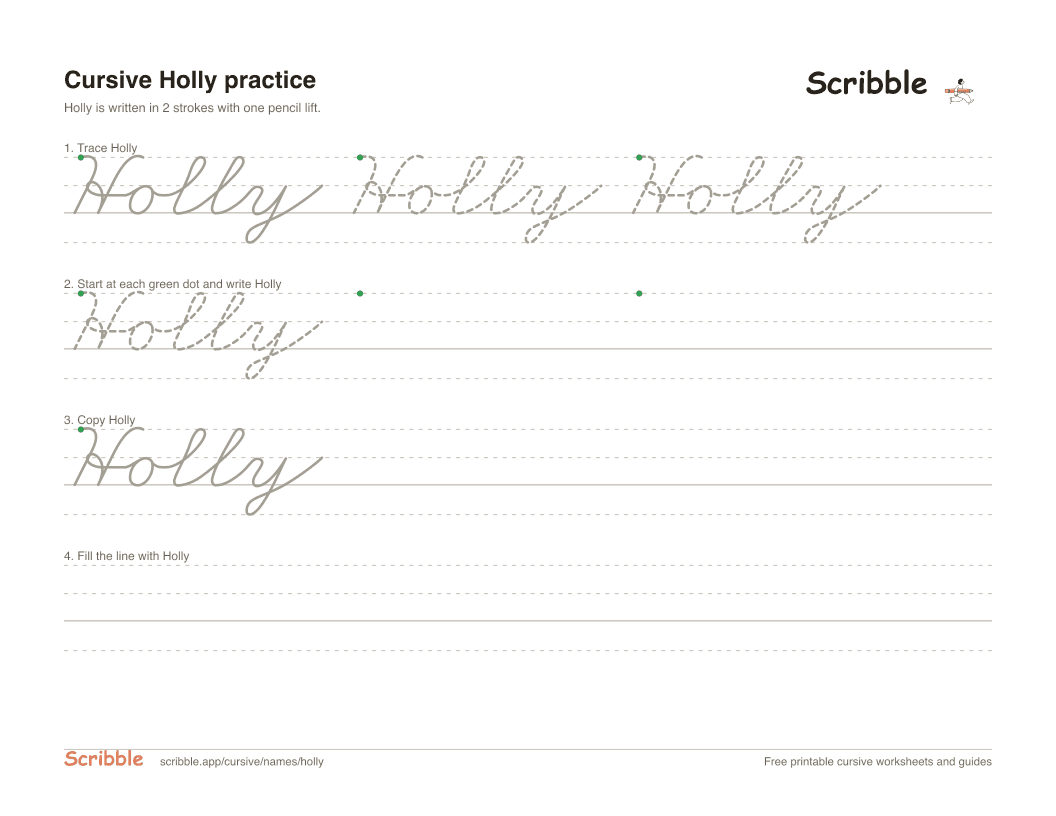 Preview of the printable Holly in cursive worksheet: trace, copy, and practice rows