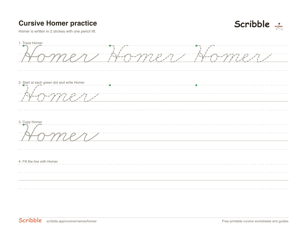 Preview of the printable Homer in cursive worksheet: trace, copy, and practice rows
