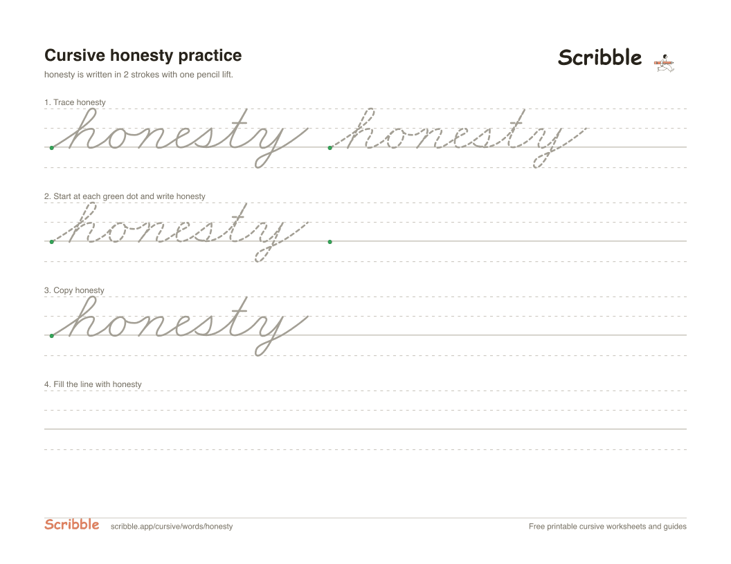 Preview of the printable honesty in cursive worksheet: trace, copy, and practice rows