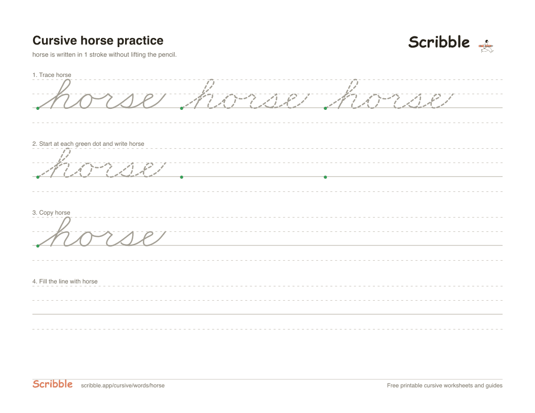 Preview of the printable horse in cursive worksheet: trace, copy, and practice rows