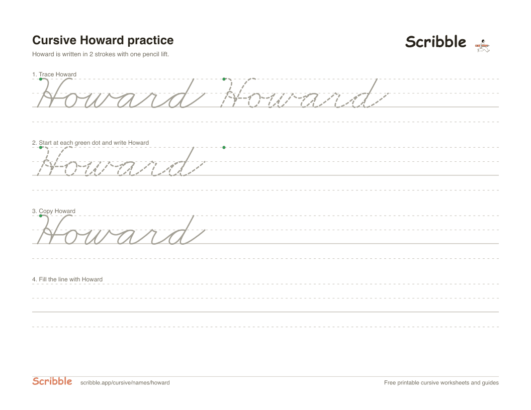 Preview of the printable Howard in cursive worksheet: trace, copy, and practice rows
