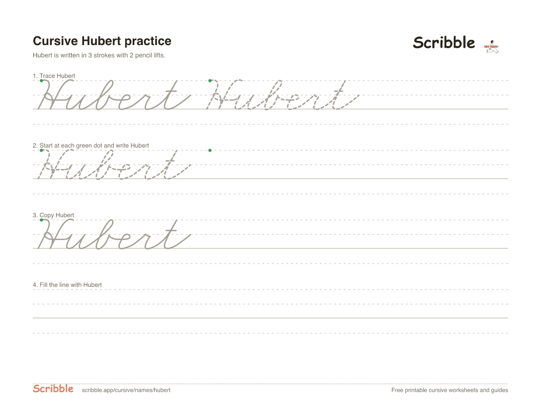 Preview of the printable Hubert in cursive worksheet: trace, copy, and practice rows