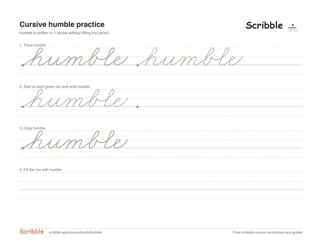Preview of the printable humble in cursive worksheet: trace, copy, and practice rows