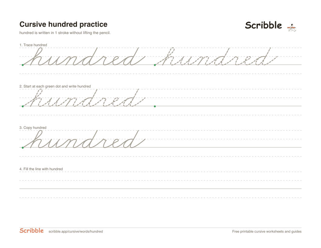 Preview of the printable hundred in cursive worksheet: trace, copy, and practice rows