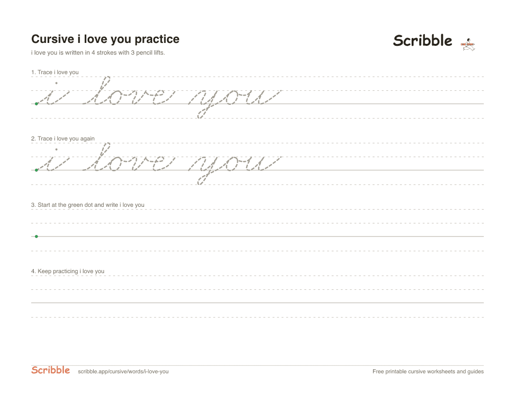 Preview of the printable i love you in cursive worksheet: trace, copy, and practice rows