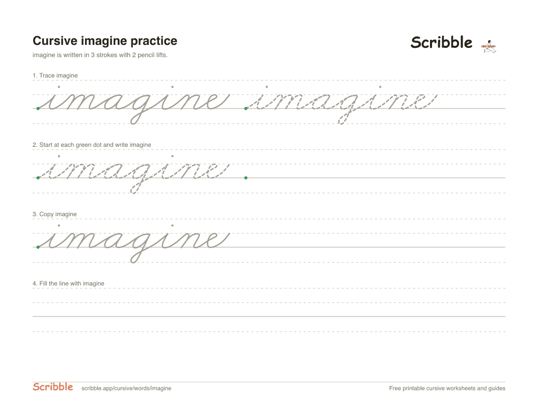Preview of the printable imagine in cursive worksheet: trace, copy, and practice rows