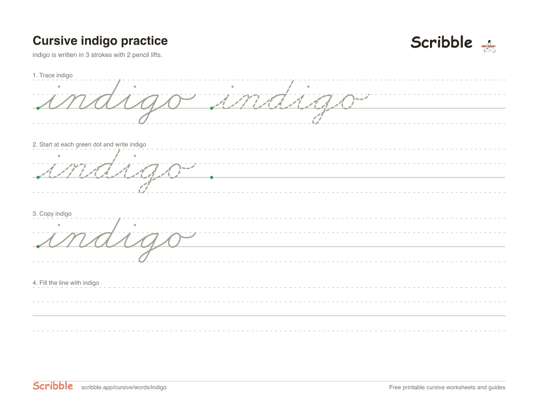 Preview of the printable indigo in cursive worksheet: trace, copy, and practice rows