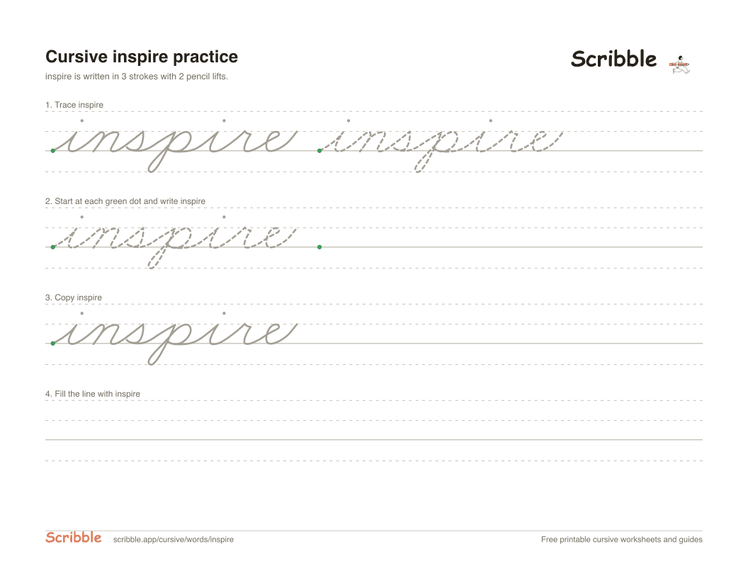 Preview of the printable inspire in cursive worksheet: trace, copy, and practice rows