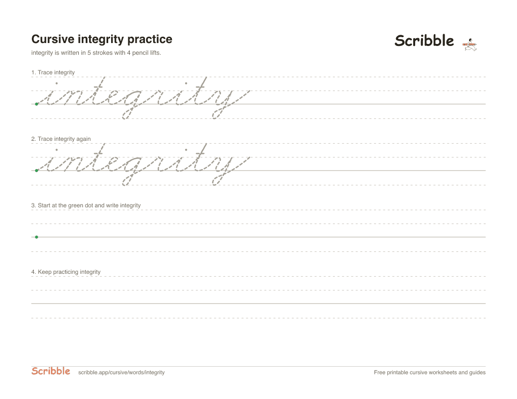 Preview of the printable integrity in cursive worksheet: trace, copy, and practice rows