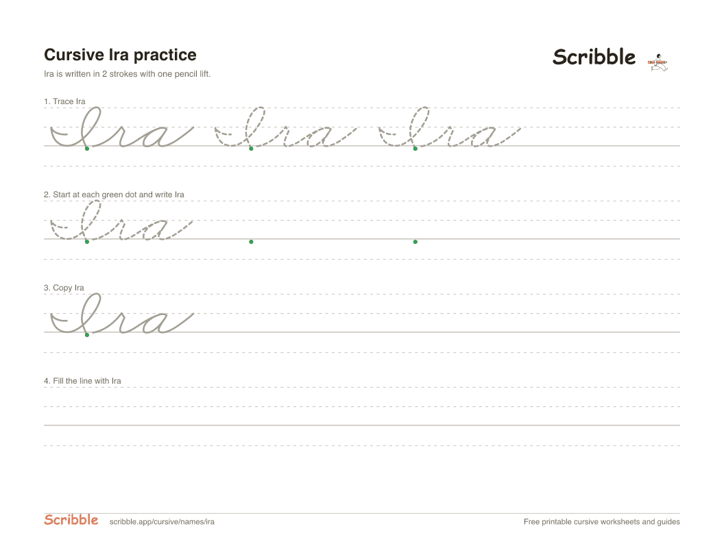 Preview of the printable Ira in cursive worksheet: trace, copy, and practice rows