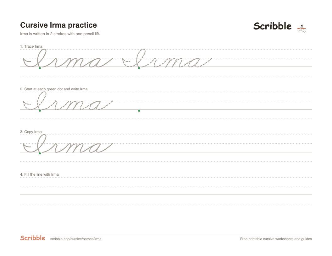 Preview of the printable Irma in cursive worksheet: trace, copy, and practice rows