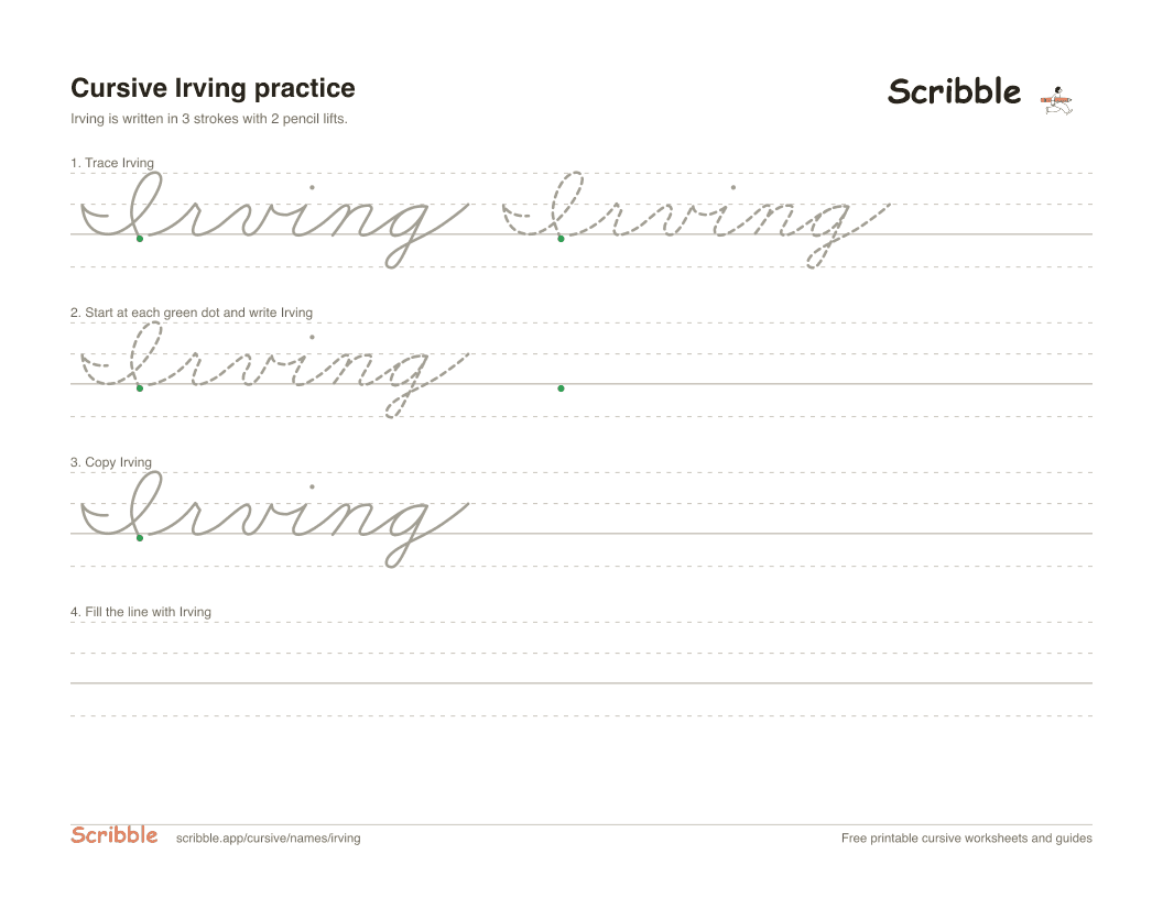 Preview of the printable Irving in cursive worksheet: trace, copy, and practice rows