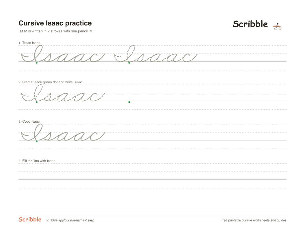 Preview of the printable Isaac in cursive worksheet: trace, copy, and practice rows