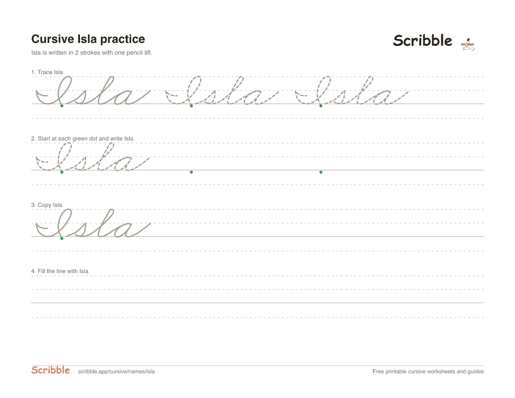 Preview of the printable Isla in cursive worksheet: trace, copy, and practice rows