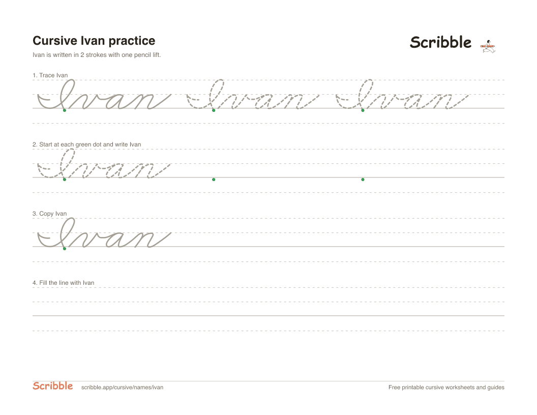 Preview of the printable Ivan in cursive worksheet: trace, copy, and practice rows
