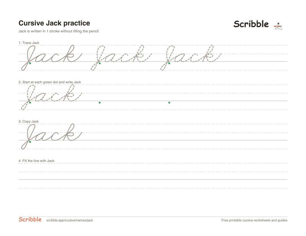 Preview of the printable Jack in cursive worksheet: trace, copy, and practice rows
