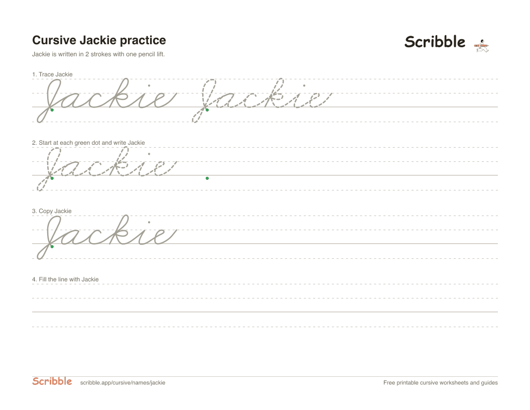 Preview of the printable Jackie in cursive worksheet: trace, copy, and practice rows
