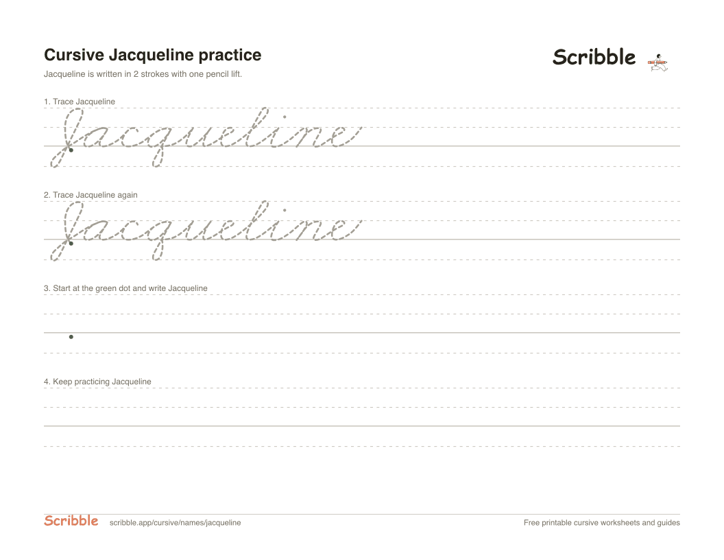 Preview of the printable Jacqueline in cursive worksheet: trace, copy, and practice rows