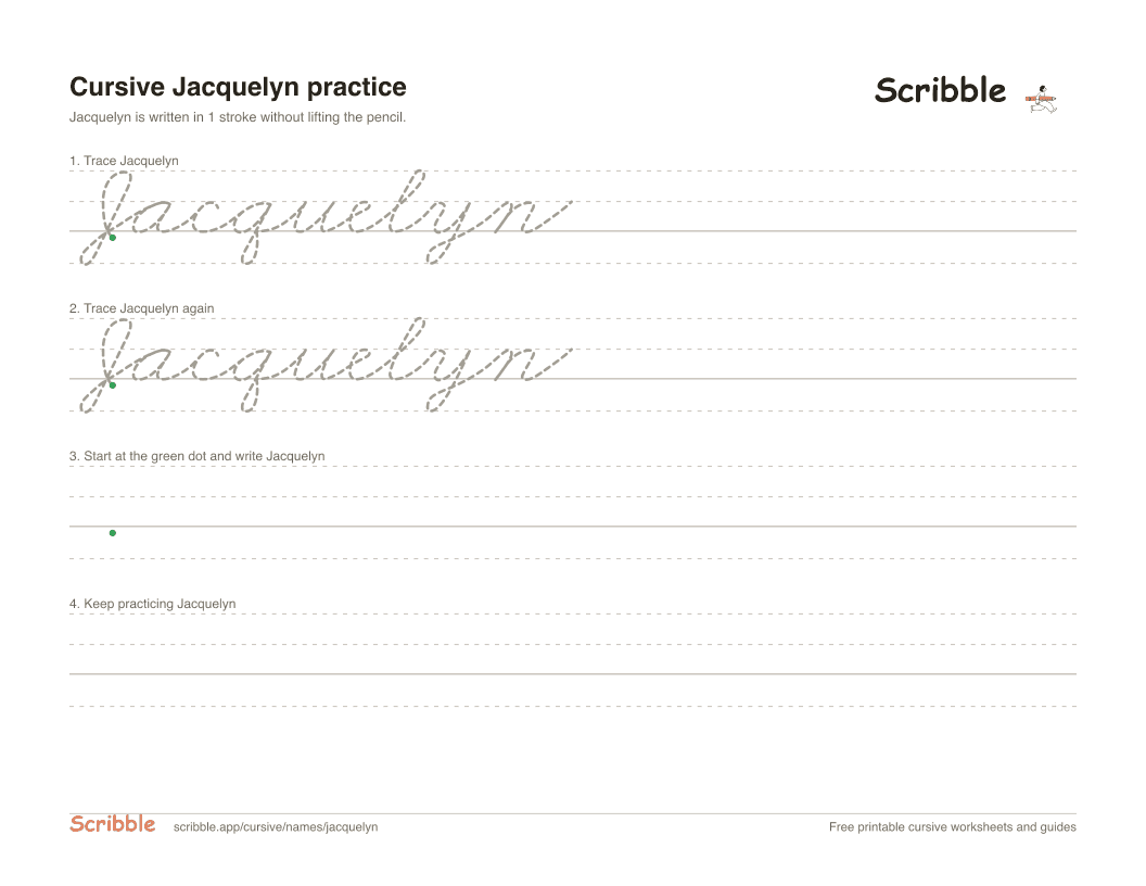 Preview of the printable Jacquelyn in cursive worksheet: trace, copy, and practice rows