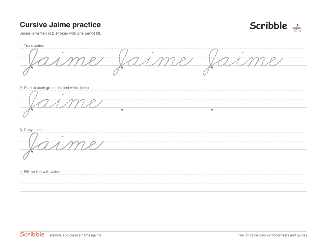 Preview of the printable Jaime in cursive worksheet: trace, copy, and practice rows