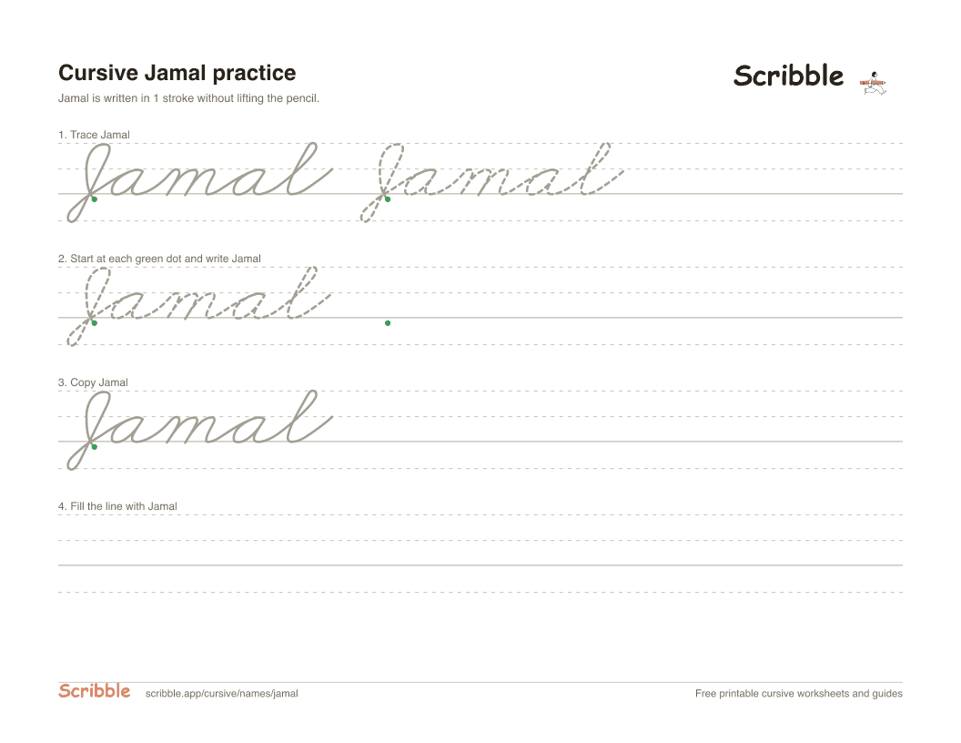 Preview of the printable Jamal in cursive worksheet: trace, copy, and practice rows