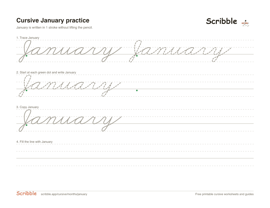 Preview of the printable January in cursive worksheet: trace, copy, and practice rows