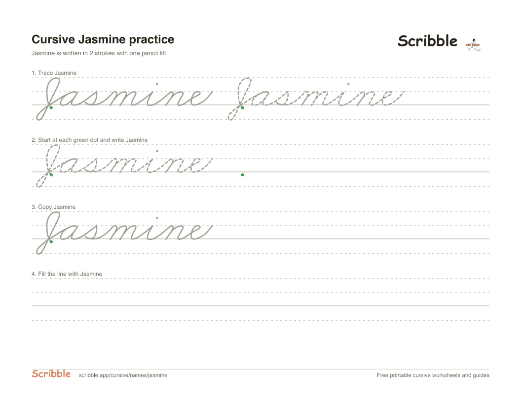 Preview of the printable Jasmine in cursive worksheet: trace, copy, and practice rows