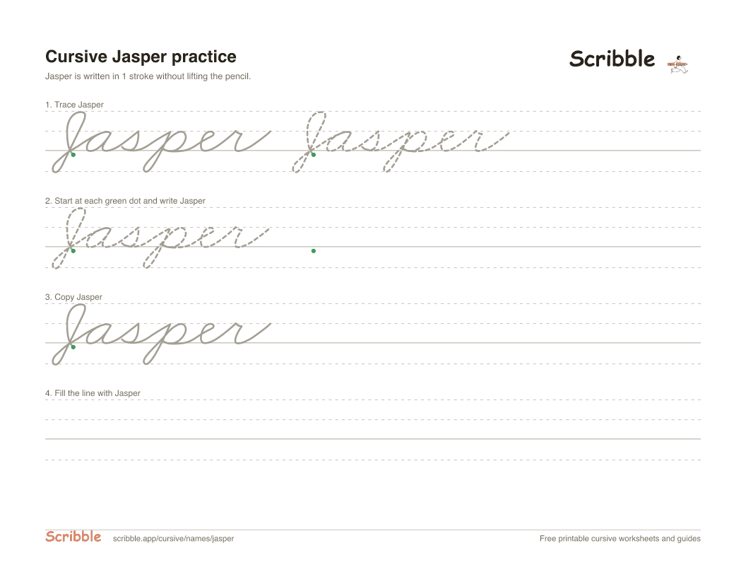 Preview of the printable Jasper in cursive worksheet: trace, copy, and practice rows
