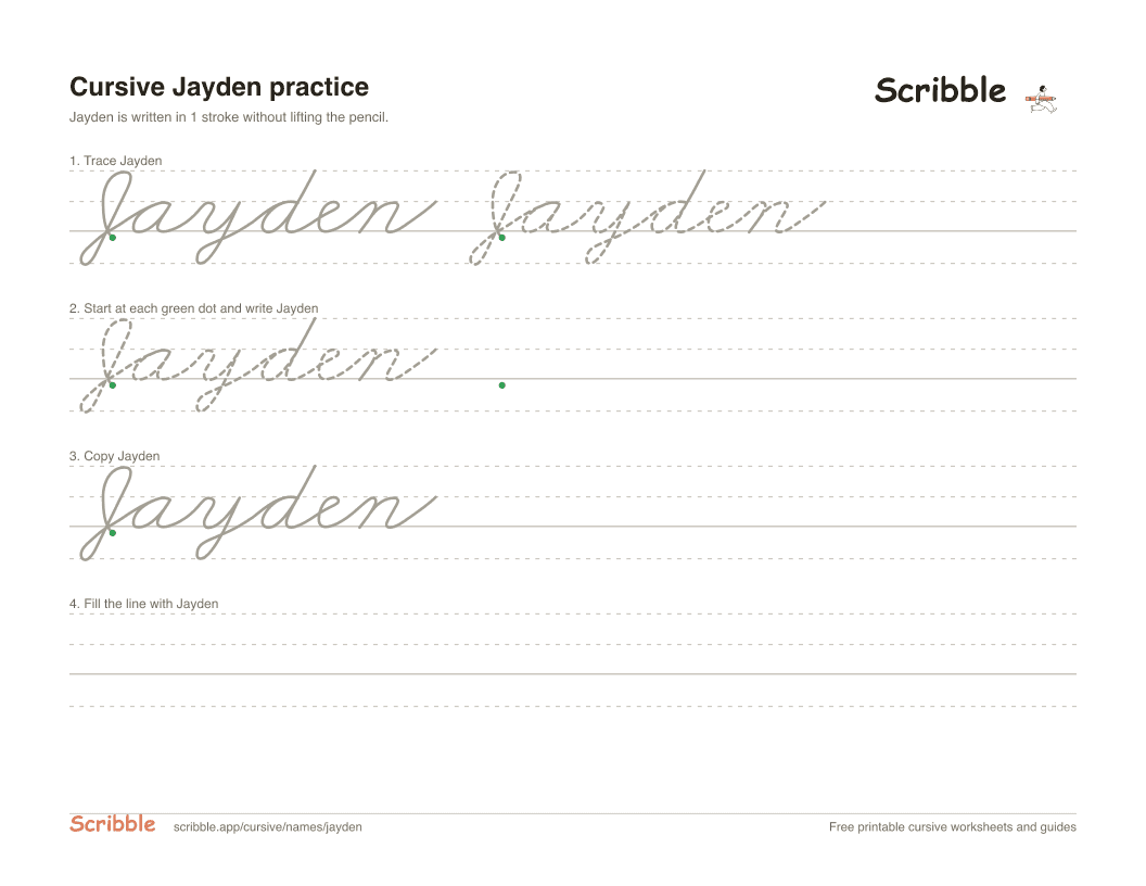 Preview of the printable Jayden in cursive worksheet: trace, copy, and practice rows