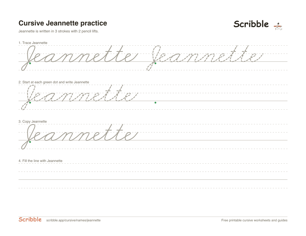 Preview of the printable Jeannette in cursive worksheet: trace, copy, and practice rows
