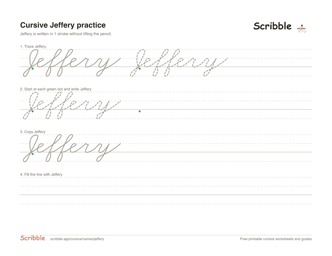Preview of the printable Jeffery in cursive worksheet: trace, copy, and practice rows