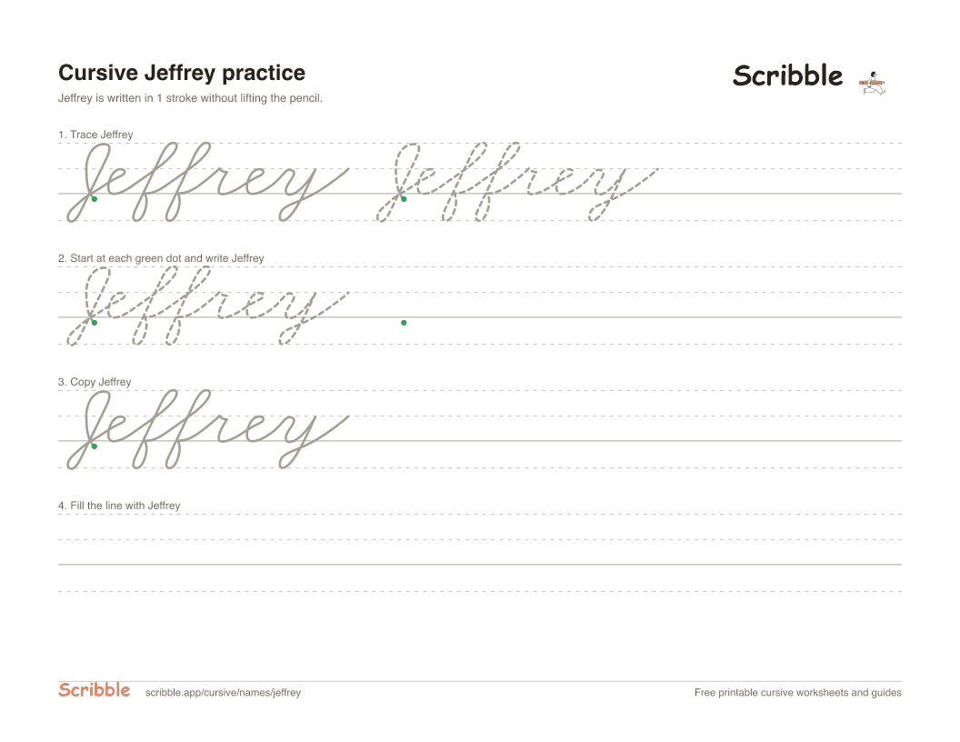 Preview of the printable Jeffrey in cursive worksheet: trace, copy, and practice rows