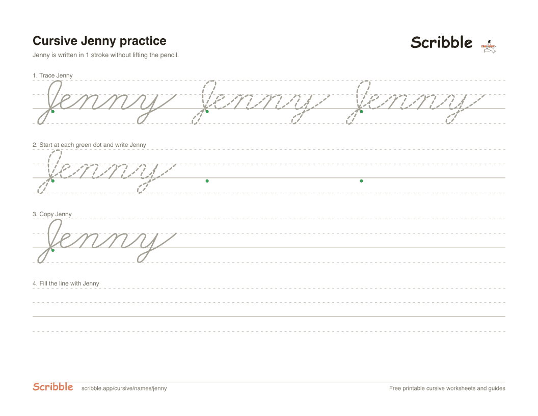 Preview of the printable Jenny in cursive worksheet: trace, copy, and practice rows