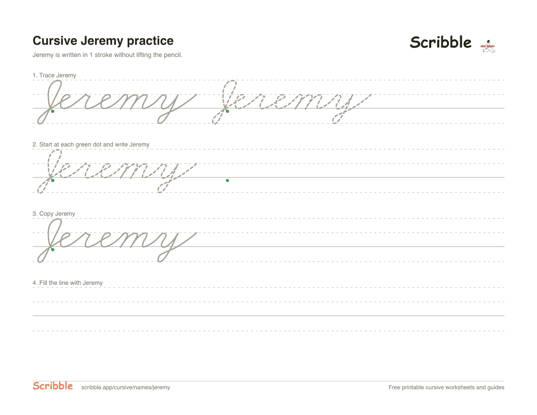 Preview of the printable Jeremy in cursive worksheet: trace, copy, and practice rows
