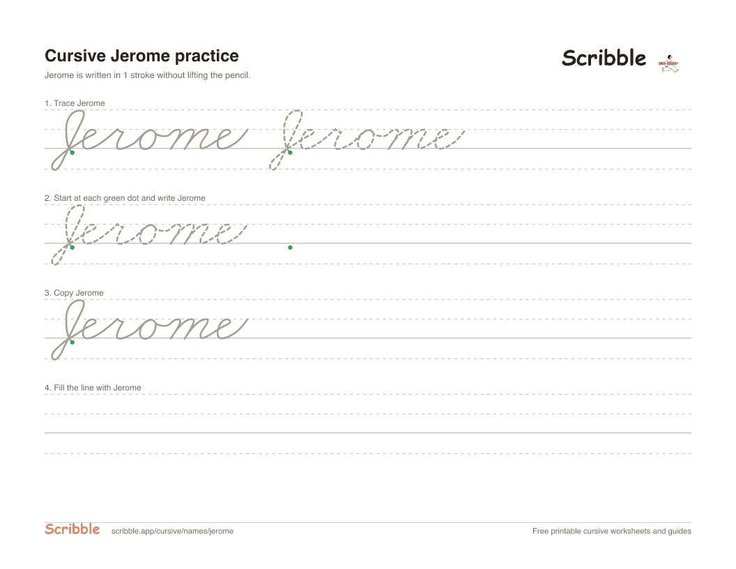 Preview of the printable Jerome in cursive worksheet: trace, copy, and practice rows