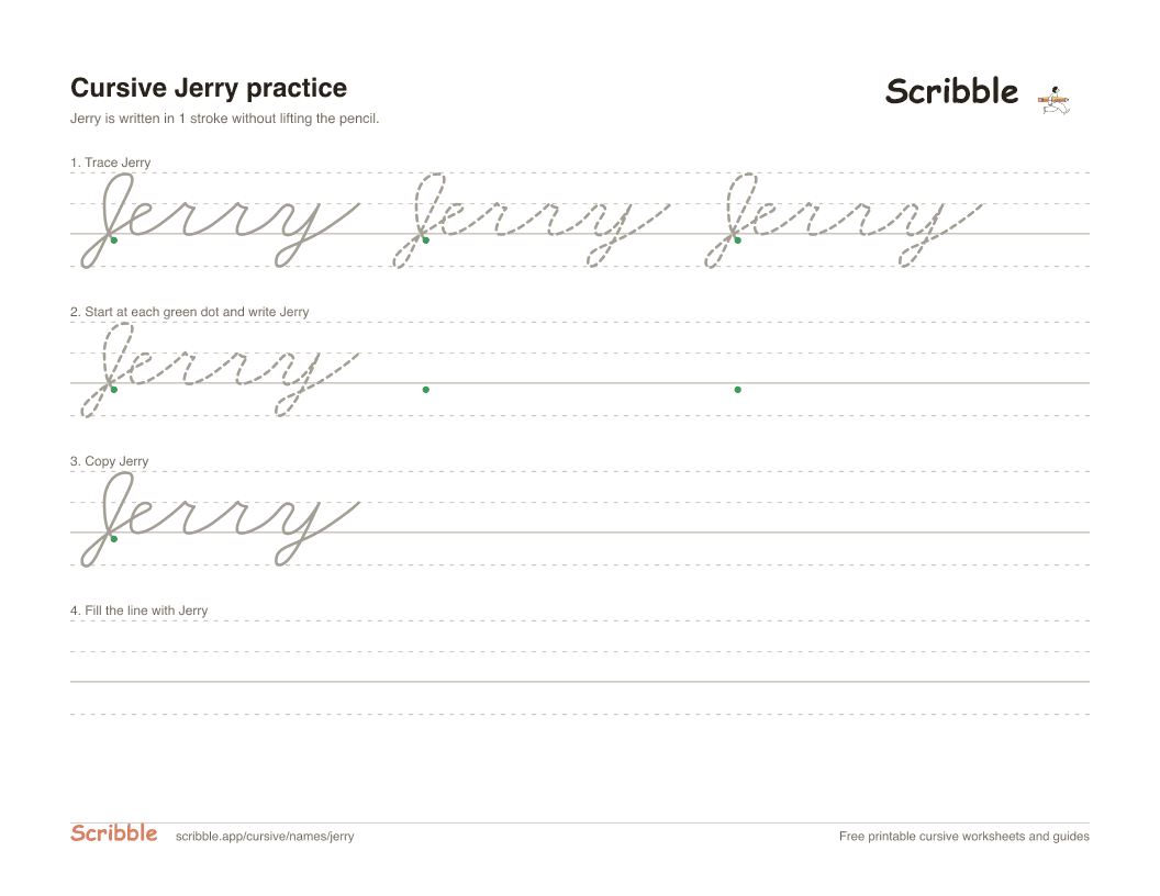 Preview of the printable Jerry in cursive worksheet: trace, copy, and practice rows