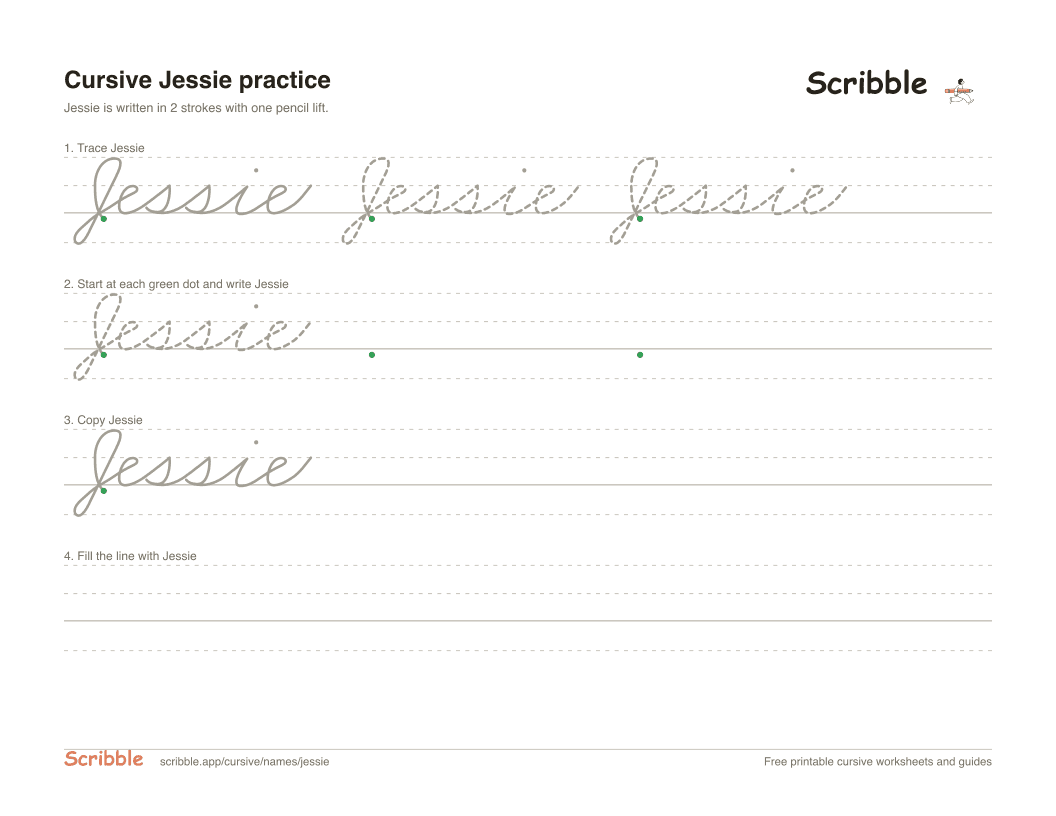 Preview of the printable Jessie in cursive worksheet: trace, copy, and practice rows