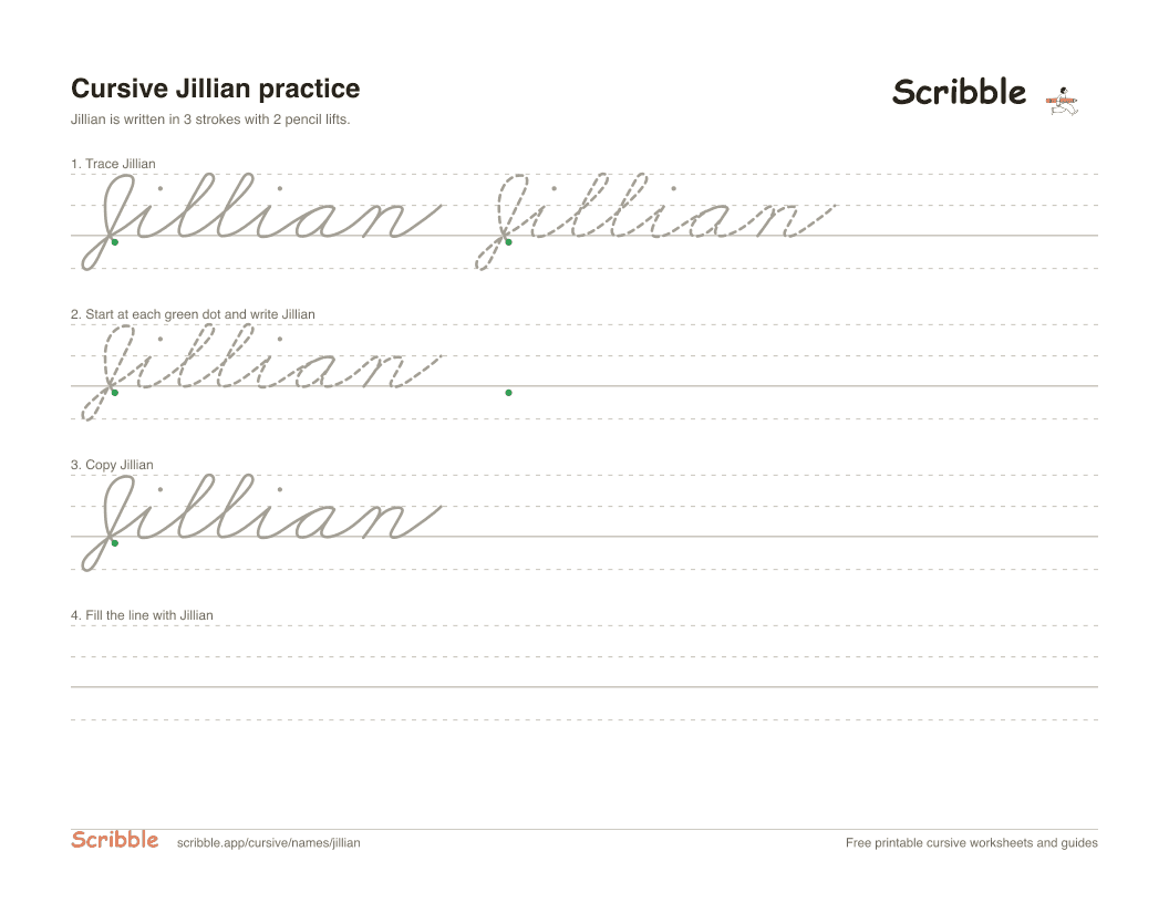 Preview of the printable Jillian in cursive worksheet: trace, copy, and practice rows