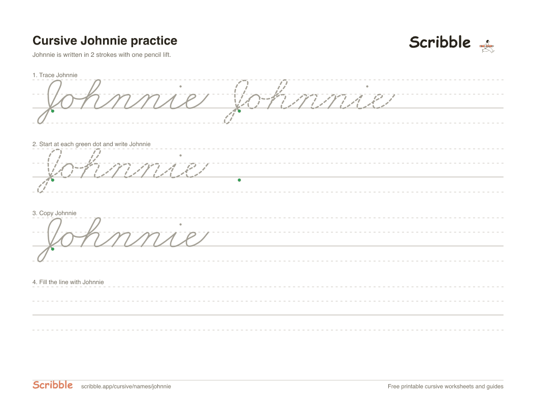 Preview of the printable Johnnie in cursive worksheet: trace, copy, and practice rows