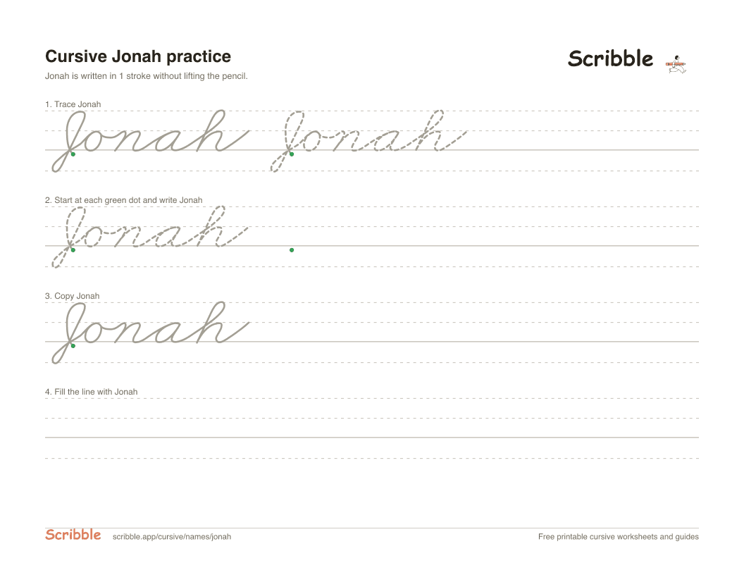Preview of the printable Jonah in cursive worksheet: trace, copy, and practice rows