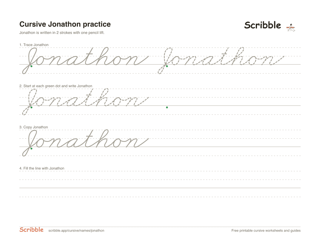 Preview of the printable Jonathon in cursive worksheet: trace, copy, and practice rows
