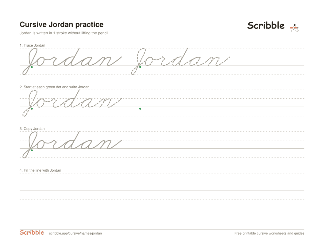 Preview of the printable Jordan in cursive worksheet: trace, copy, and practice rows