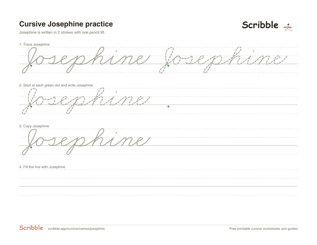 Preview of the printable Josephine in cursive worksheet: trace, copy, and practice rows